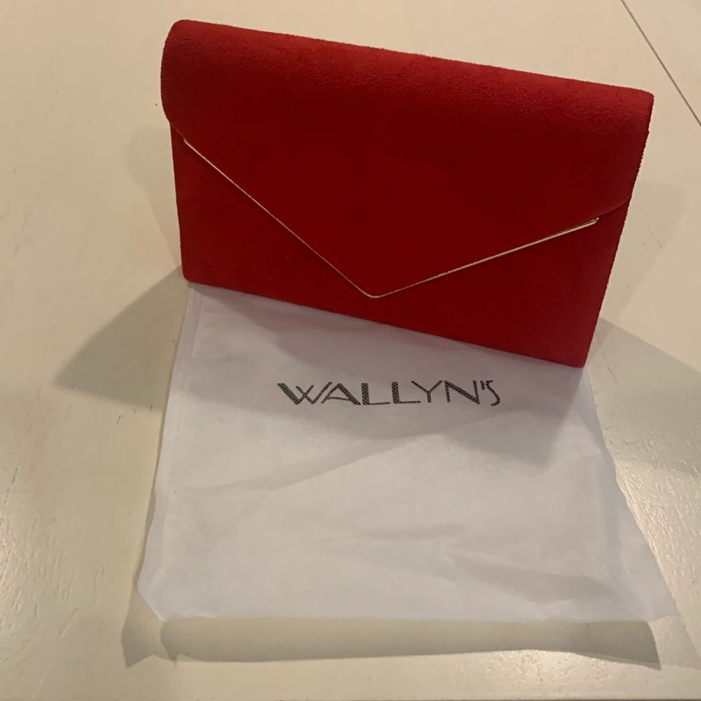 Wallyn’s Red Evening Bag with Gold Chain. Faux Suede exterior fabric.